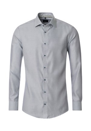 Schmal geschnittenes Herrenhemd mit langen Ärmeln, kleinem schwarz-weiß kariertem Muster, marineblauen Knöpfen und einem gemusterten Innenkragen.