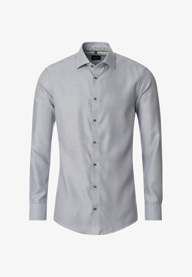 Camicia elegante da uomo a maniche lunghe slim fit con motivo a quadretti piccoli bianchi e neri, bottoni blu navy e collo interno con motivo.