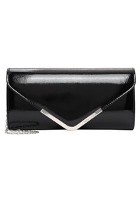 Clutch in pelle verniciata nera con un accento geometrico in metallo argento, caratterizzata da un pattina pieghevole e una tracolla a catena removibile.