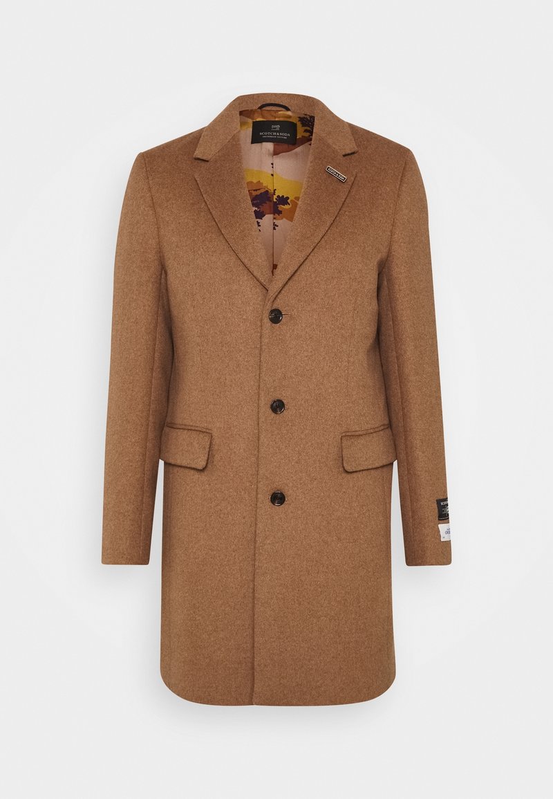 Bruine wolmix overjas met notch-lapels, drie voorknoopjes, twee klepzakken en een patroon binnenvoering.