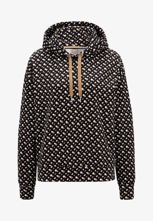 Sweat à capuche noir avec motif losanges beige et blanc, cordons beiges et poche avant, conçu pour un usage décontracté.