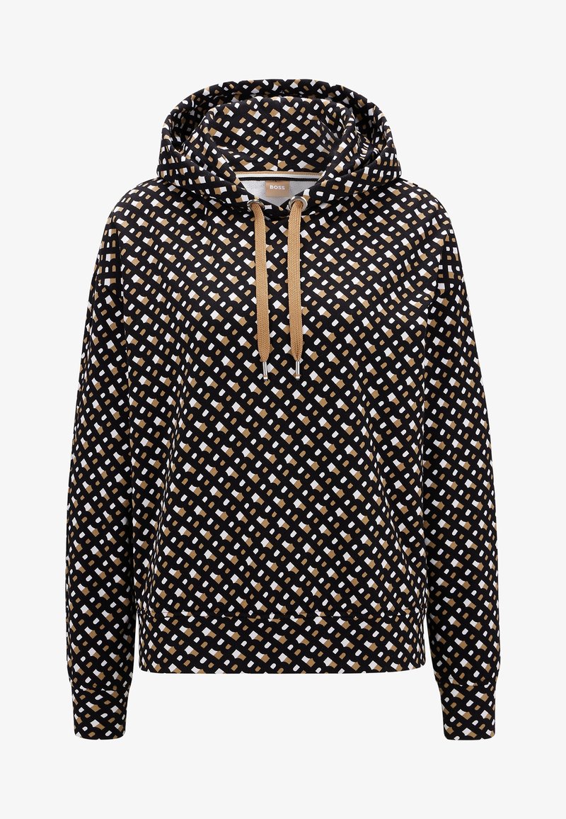 Sweat à capuche noir avec motif losanges beige et blanc, cordons beiges et poche avant, conçu pour un usage décontracté.