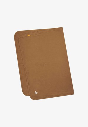 Brown rectangular baby blanket with rounded corners and small teddy bear patch in one corner, folded on white background.
