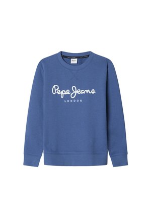 Blauwe sweatshirt van een katoenmix, met daarop in witte letters het logo "Pepe Jeans LONDEN" over de borst. Klassieke ronde halslijn en ribgebreide manchetten.