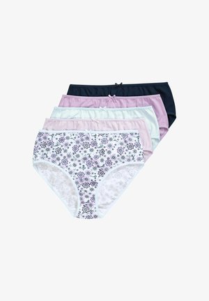 Pięć par damskich majtek w różnych kolorach: w kwiatowy wzór, jasnoróżowe, jasnoniebieskie, ciemnoróżowe i granatowe, z miękkim, elastycznym pasem.