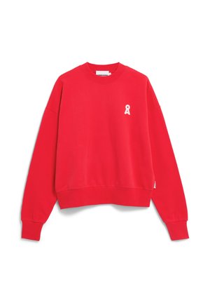 Roter Sweatshirt aus Baumwolle mit Rundhalsausschnitt, langen Ärmeln und einem kleinen weißen Schleifenlogo auf der linken Brust. Weiche Textur.