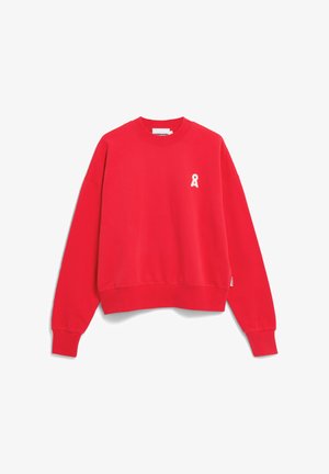 Roter Sweatshirt aus Baumwolle mit Rundhalsausschnitt, langen Ärmeln und einem kleinen weißen Schleifenlogo auf der linken Brust. Weiche Textur.