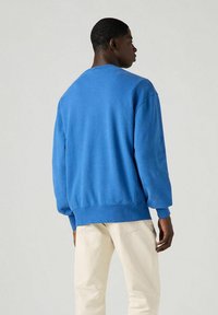 Sudadera azul con cuello redondo, corte relajado y puños y dobladillo acanalados, vista por la parte de atrás, combinada con pantalones de color claro.