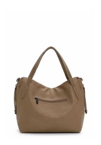 Beige leren handtas met een afgeronde vorm, voorzien van een voorvak met rits en geperforeerde accenten op de handvatten. Zachte textuur en minimalistisch ontwerp.