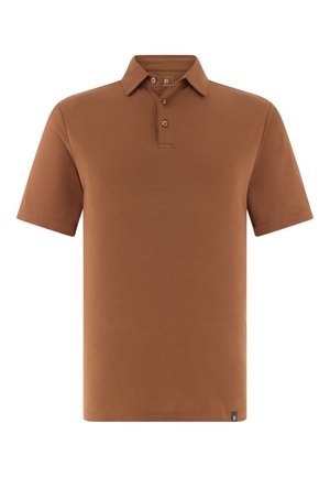 Polo marron à manches courtes avec col et trois boutons sur la patte de boutonnage, et une petite étiquette en tissu près de l'ourlet.