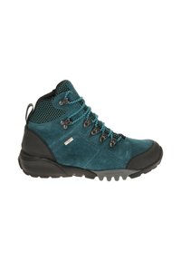 Gli stivali da hiking in suede teal presentano una suola in gomma nera, accenti in rete e ganci neri con lacci blu. Resistenti e progettati per l'uso all'aperto.
