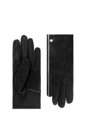 Pair of black leather driving gloves, one showing palm with grip patches, the other back with perforated design and snap button closure.