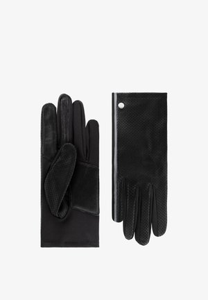 Paar schwarze Lederfahrhandschuhe, eines mit der Handinnenfläche mit Griffpolstern, das andere mit der Rückseite mit perforiertem Design und Druckknopfverschluss.