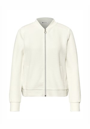 Giacca bomber bianca con chiusura a zip, tessuto texturizzato, con polsini, collo e orlo a costine, dotata di due tasche laterali.