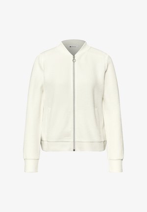 Veste bomber blanche texturée avec fermeture éclair, poignets, col et ourlet côtelés, dotée de deux poches latérales.