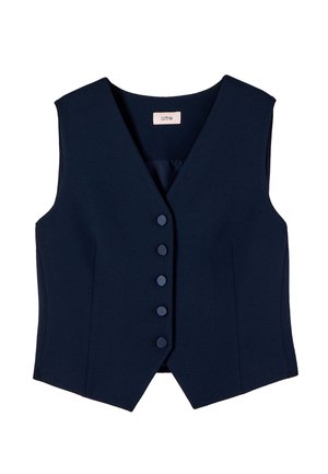 Vestă fără mâneci pentru femei, de culoare albastru marin, cu cinci nasturi acoperiți pe partea din față și guler în formă de V, croială cambrată.