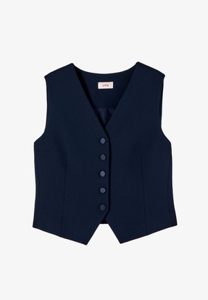 Vestă fără mâneci pentru femei, de culoare albastru marin, cu cinci nasturi acoperiți pe partea din față și guler în formă de V, croială cambrată.