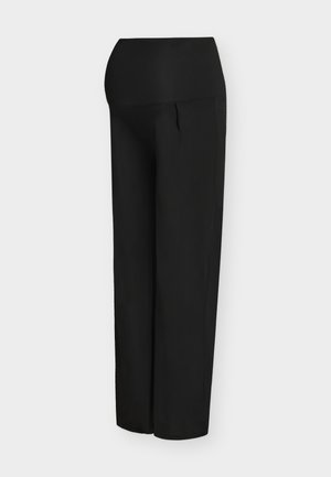 Pantaloni premaman neri con una fascia larga ed elastica in vita. Realizzati in tessuto liscio, presentano una vestibilità ampia e un taglio a gamba dritta.