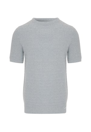 Kortærmet crew-neck sweater i lys grå med et struktureret strikmønster og lige kant. Subtil logo detalje nederst til venstre.