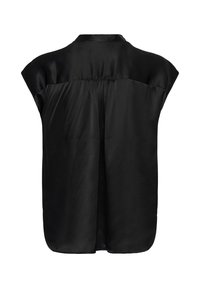 Blouse noire sans manches avec une coupe ample, détail froncé au dos et petit col, vue de dos.