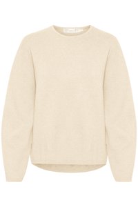 Beige, lös passande tröja med långa ärmar, rund halsringning och ribbade muddar. Mjuk textur och subtilt stickat mönster genom hela tröjan.
