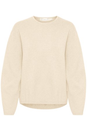 Vaaleanbeige löysä neulepusero, jossa on pitkät hihat, pyöreä pääntie ja vastaavat hihansuut. Pehmeä rakenne ja hienovarainen neulekuvio koko puserossa.
