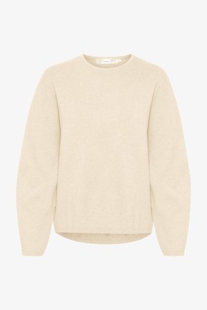 Bézs, laza szabású pulóver hosszú ujjal, kerek nyakkivágással és bordázott mandzsettával. Puha tapintás és diszkrét kötésminta az egész felületen.