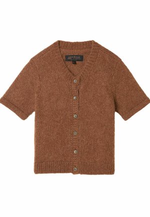 Braune Kurzarmstrickjacke aus weichem Garn mit V-Ausschnitt, vorderem Knopfverschluss und geripptem Saum. Mit silbernen Knopfdetails.