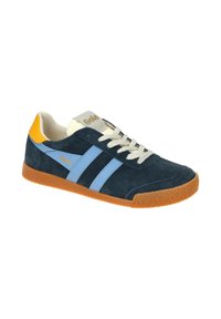 Navy suede sneaker with light blue stripes and orange heel. Features a textured gum sole, cream laces, and a gray tongue with logo.