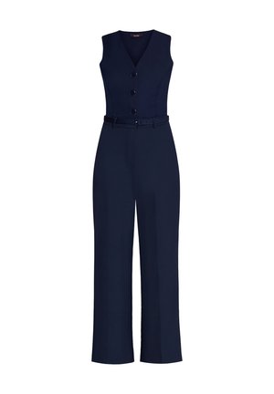 Ærmeløs marineblå jumpsuit med V-hals, tre knapper foran, bukser med vide ben og et matchende bælte i taljen.
