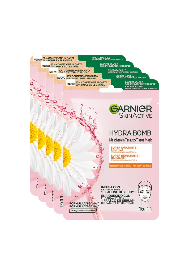 Garnier - MASCHERA IN TESSUTO HYDRABOMB, FORMULA IDRATANTE E LENITIVA PER PELLI SECCHE E SENSIBILI, CAMOMILLA, 32 ML - 5 PACK - Maschera viso, Ingrandire