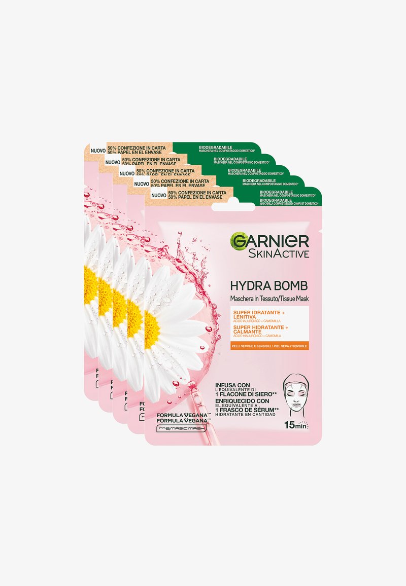 Garnier - MASCHERA IN TESSUTO HYDRABOMB, FORMULA IDRATANTE E LENITIVA PER PELLI SECCHE E SENSIBILI, CAMOMILLA, 32 ML - 5 PACK - Maschera viso, Ingrandire
