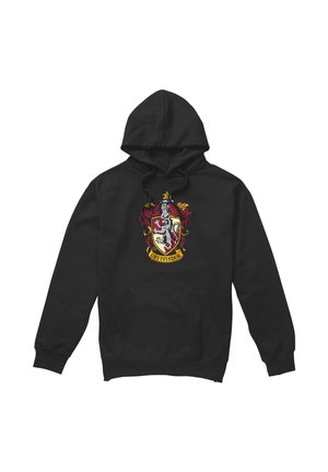 Schwarzer Kapuzenpullover mit Fronttasche und zentralem Gryffindor-Hauswappen mit Löwe und dekorativen Elementen in Rot, Gelb und Grau.