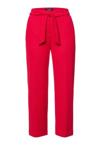 Red, textured trousers with a belted waist, straight legs, and a tailored fit, featuring a smooth finish and subtle stitch details.