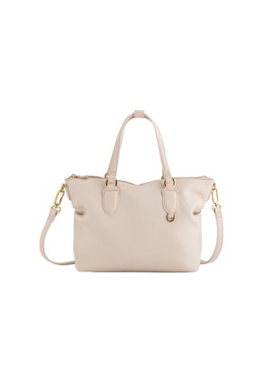 Beige Leder-Shopper mit zwei oberen Griffen und einem verstellbaren Schulterriemen. Mit goldfarbenen Beschlägen und einem Reißverschlussverschluss.