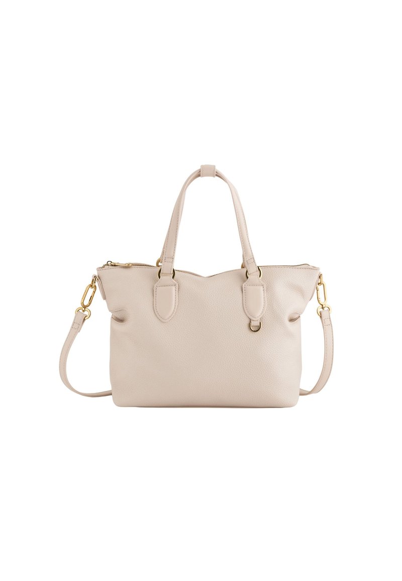 Beige Leder-Shopper mit zwei oberen Griffen und einem verstellbaren Schulterriemen. Mit goldfarbenen Beschlägen und einem Reißverschlussverschluss.