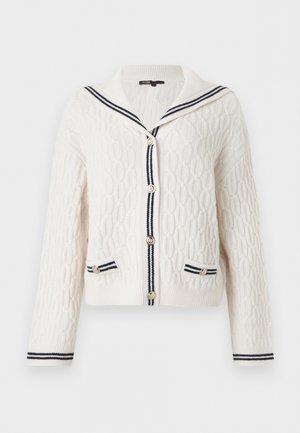 Cardigan blanc en maille torsadée avec col marin, bordure rayée noire, boutons sur le devant et deux petites poches avant.