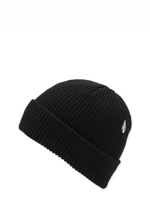Bonnet tricoté noir avec une texture côtelée et un revers replié. Présente un petit accent logo blanc sur le côté.