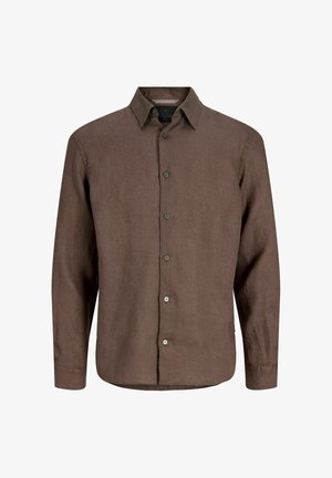 Camicia marrone a maniche lunghe con bottoni e colletto classico, realizzata in un tessuto strutturato, mostrata su uno sfondo bianco semplice.