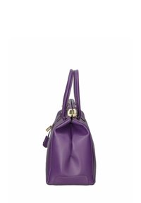 Paarse leren handtas met een gestructureerde vorm, dubbele handvatten en goudkleurige hardware. Getextureerde afwerking met subtiele stiksels.