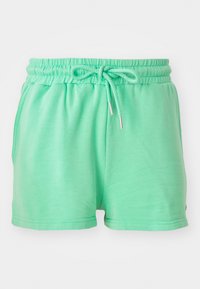 Mint green shorts made of soft material, featuring an elastic waistband with adjustable drawstring and side pockets.