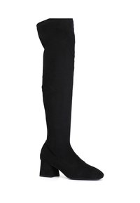 Botas negras por encima de la rodilla hechas de suaves gamuzas, con un tacón cuadrado y un diseño elegante y ajustado para una silueta estilizada.