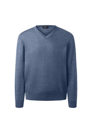 Blue long-sleeve V-neck sweater with ribbed cuffs and hem, displayed on a white background.