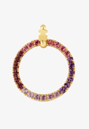 Złoty komplet kolczyków koła z małymi, okrągłymi różowymi i fioletowymi kamieniami szlachetnymi ułożonymi w gradientowy wzór.