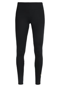 Černé legíny vyrobené z elastického materiálu, mají široký pas a malý zlatý zdobný prvek na dolní části nohavice. Hladký povrch po celém výrobku.