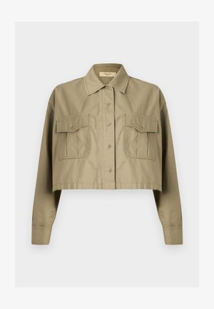 Trumpinta, ilgomis rankovėmis, khaki spalvos marškiniai su sagomis, smailia apykakle ir dviem krūtinės kišenėmis su sagomis.