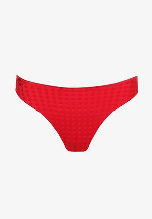 Rode bikini onder met een gestructureerd ruitpatroon, verstelbare zijkanten en een soepele tailleband. Standaard thong silhouet.