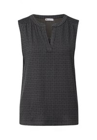 Ärmfri topp i mörkgrått tyg, med ett strukturerat geometriskt mönster och V-ringning. Mjukt, lätt material som är lämpligt för lager-på-lager.