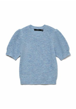 Pull en maille bleu clair avec manches courtes bouffantes, encolure ronde et motif texturé en relief sur l'ensemble. Coupe décontractée, tissu doux.