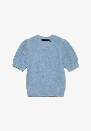 Pull en maille bleu clair avec manches courtes bouffantes, encolure ronde et motif texturé en relief sur l'ensemble. Coupe décontractée, tissu doux.